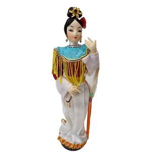 Vtg Asian Chinese  Silk Cloth Handmade Doll /Silk 12 inches, Wood Base